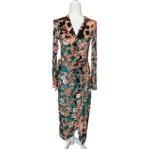 Zara Trafaluc Floral Green Sheer Wrap Dress Size Small